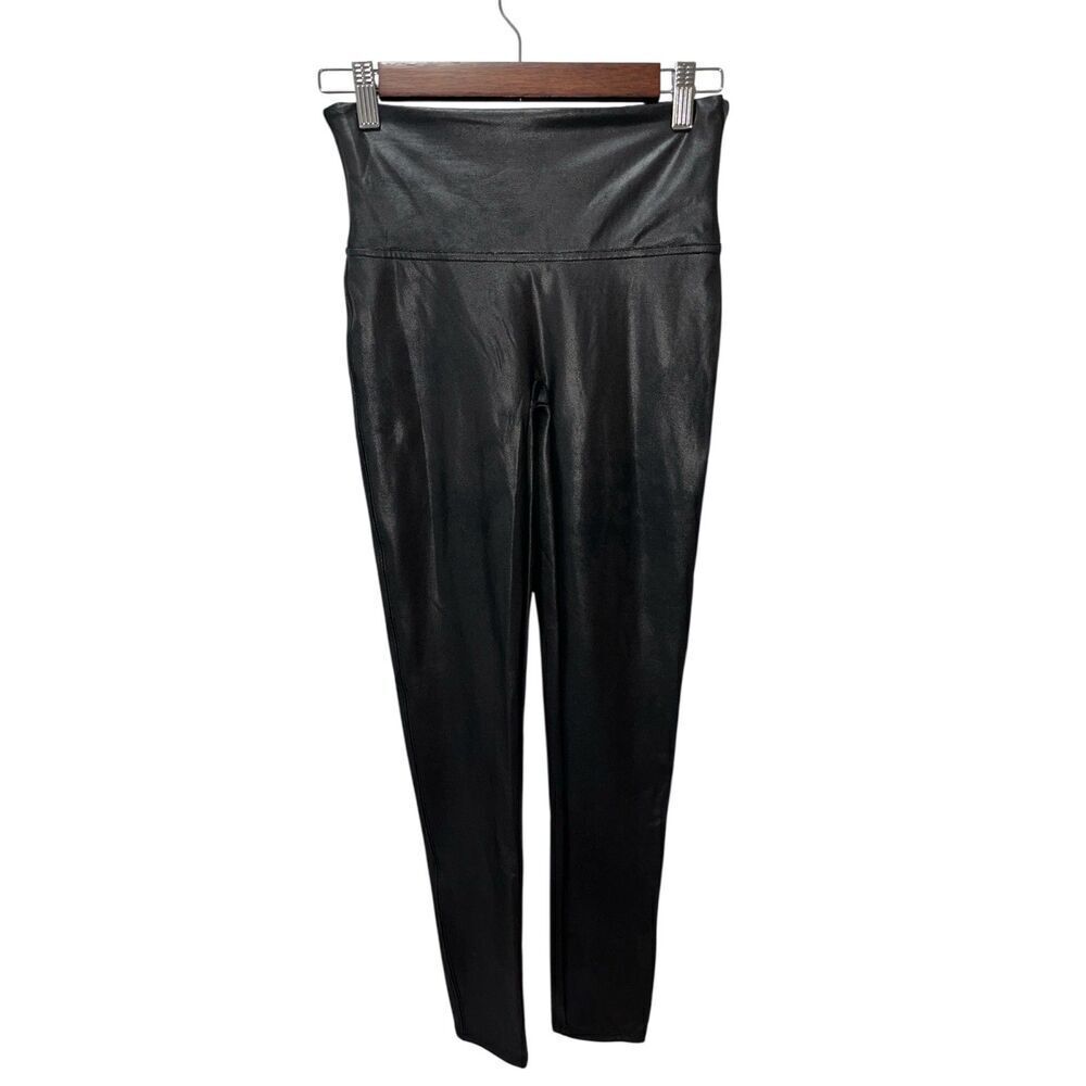 Spanx Shape Faux Leather Women's Leggings Size Medium Stretch Black Shiny